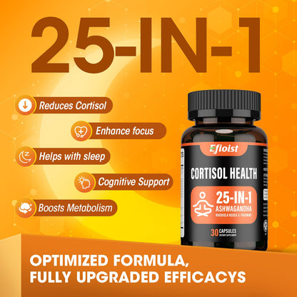 Efioist Cortisol Supplement for Women & Men – 25-in-1 Ashwagandha, Rhodiola, L-Theanine, Mood, Focus & Sleep Support | 30 Capsules