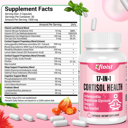 Efioist Cortisol Support for Women — 17-in-1 Hormone Harmony, Mood & Sleep | 60 Capsules