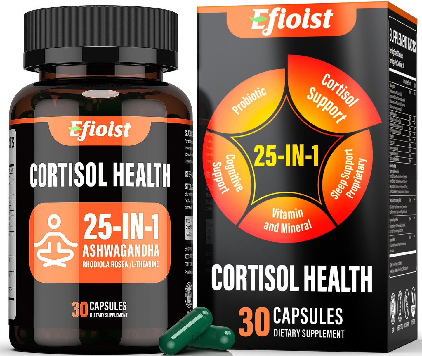 Efioist Cortisol Supplement for Women & Men – 25-in-1 Ashwagandha, Rhodiola, L-Theanine, Mood, Focus & Sleep Support | 30 Capsules