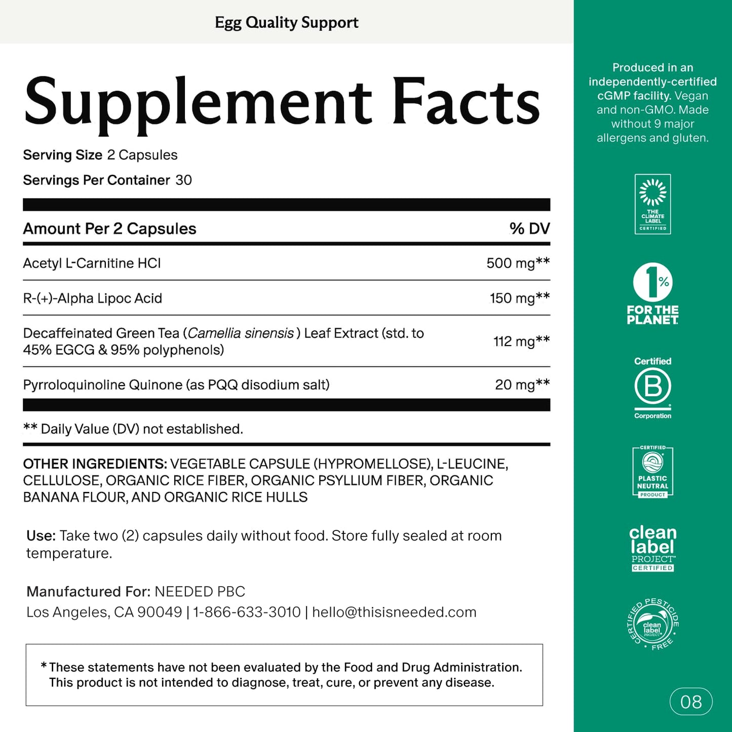 Needed Egg Quality Support - Antioxidant Fertility Supplement for Women | 60 Capsules