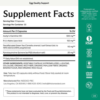 Needed Egg Quality Support - Antioxidant Fertility Supplement for Women | 60 Capsules