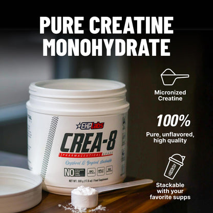 EHP Labs CREA-8 Micronized Creatine Monohydrate Powder – Unflavored, 500g, 100 Servings