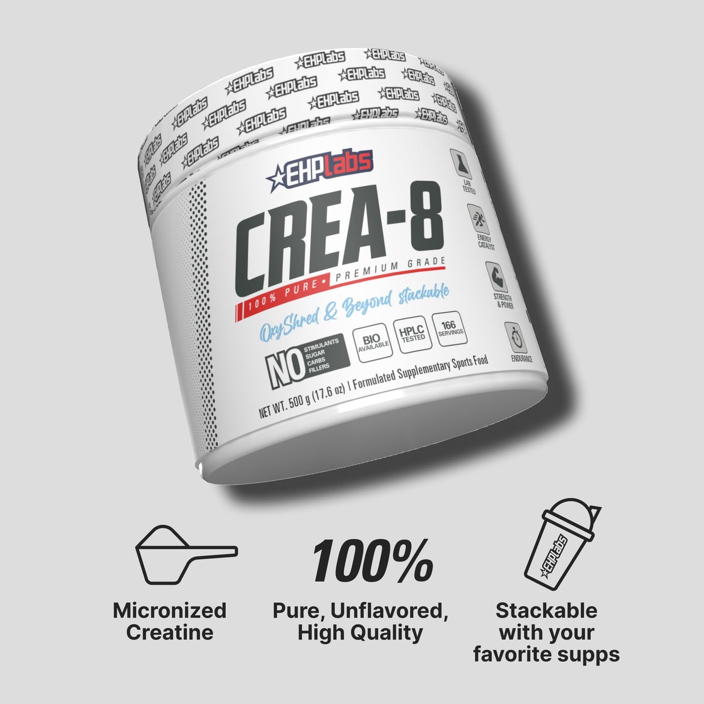 EHP Labs CREA-8 Micronized Creatine Monohydrate Powder – Unflavored, 500g, 100 Servings