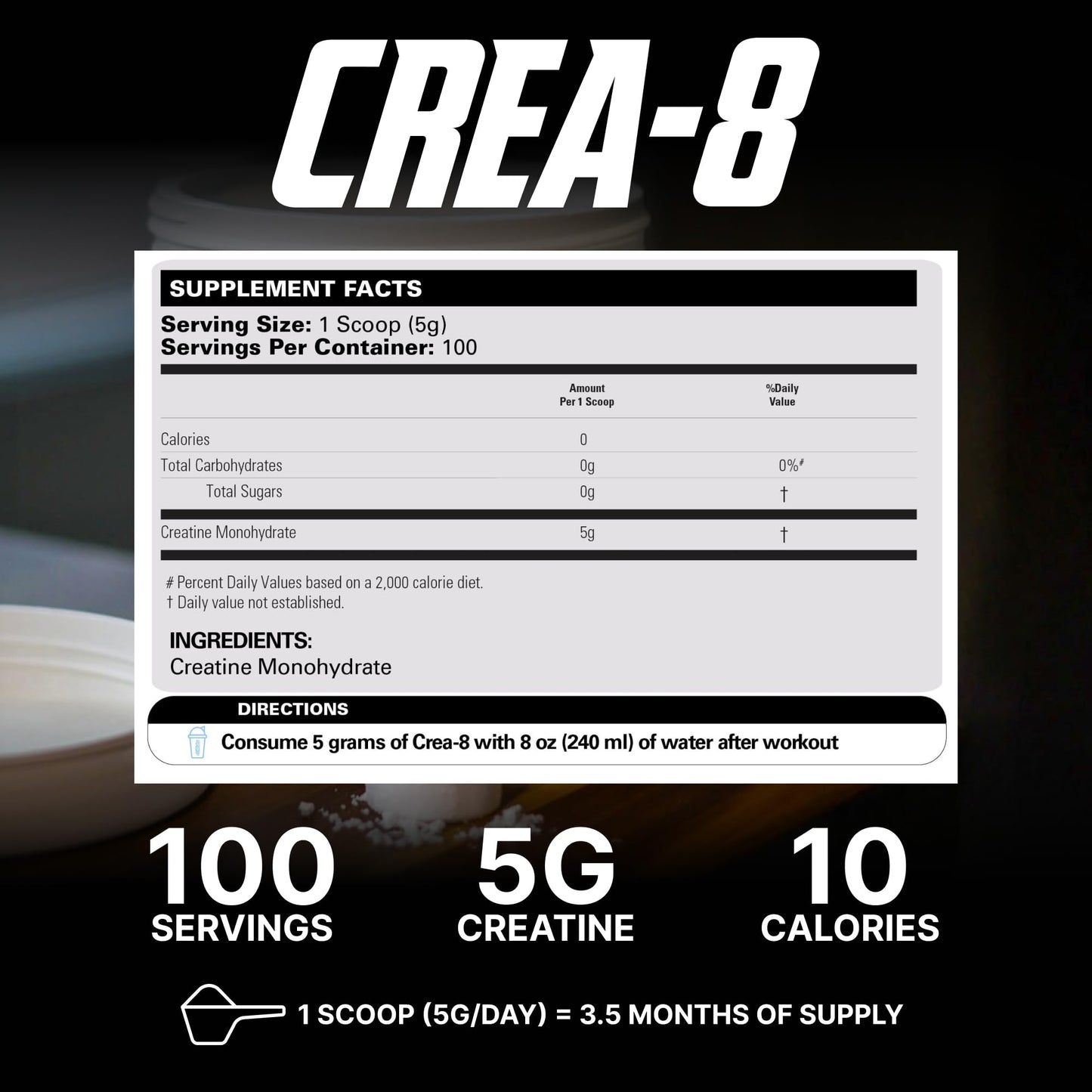 EHP Labs CREA-8 Micronized Creatine Monohydrate Powder – Unflavored, 500g, 100 Servings