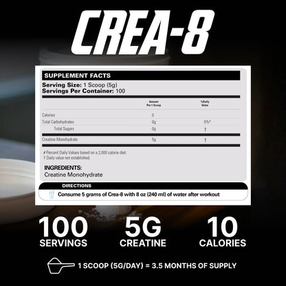 EHP Labs CREA-8 Micronized Creatine Monohydrate Powder – Unflavored, 500g, 100 Servings