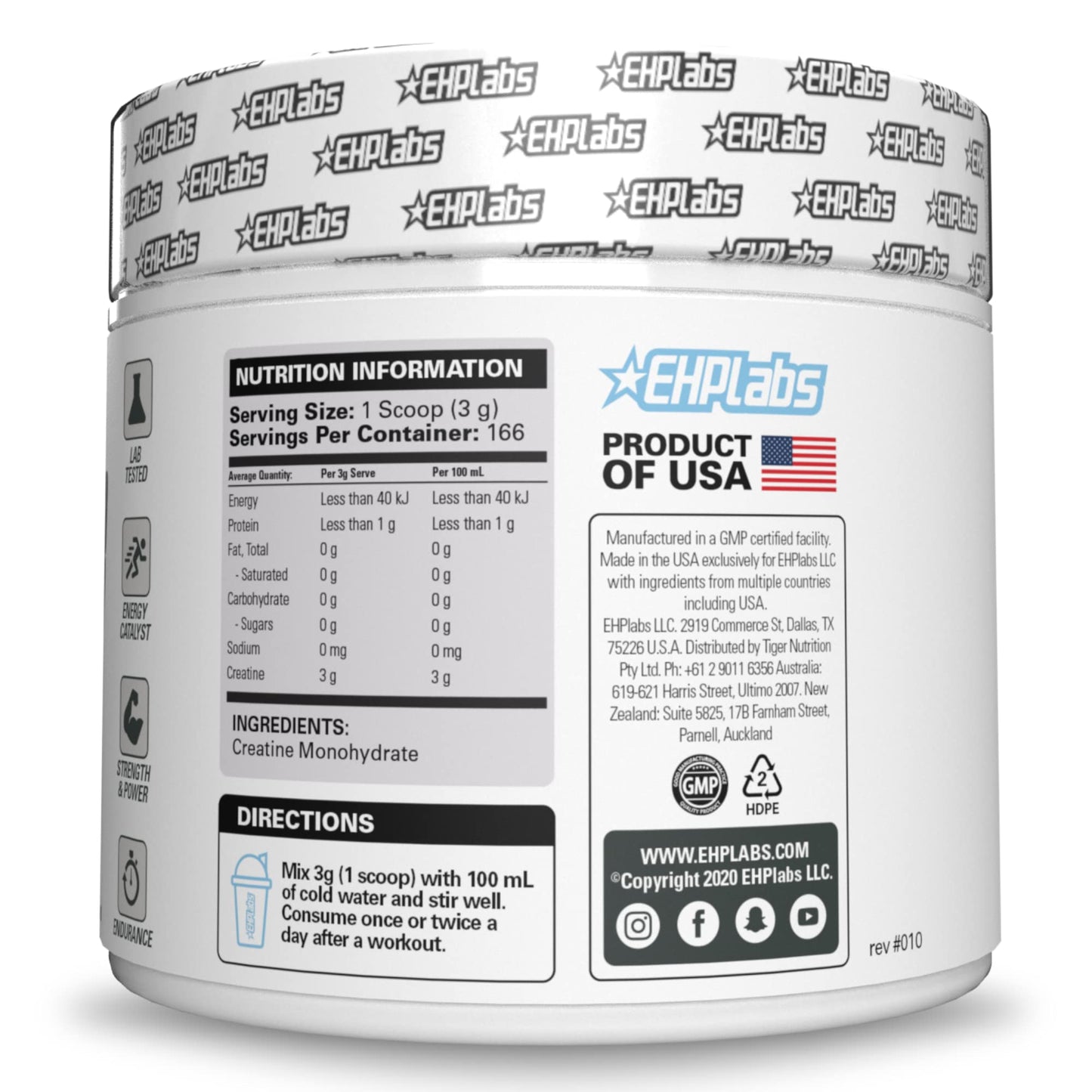 EHP Labs CREA-8 Micronized Creatine Monohydrate Powder – Unflavored, 500g, 100 Servings