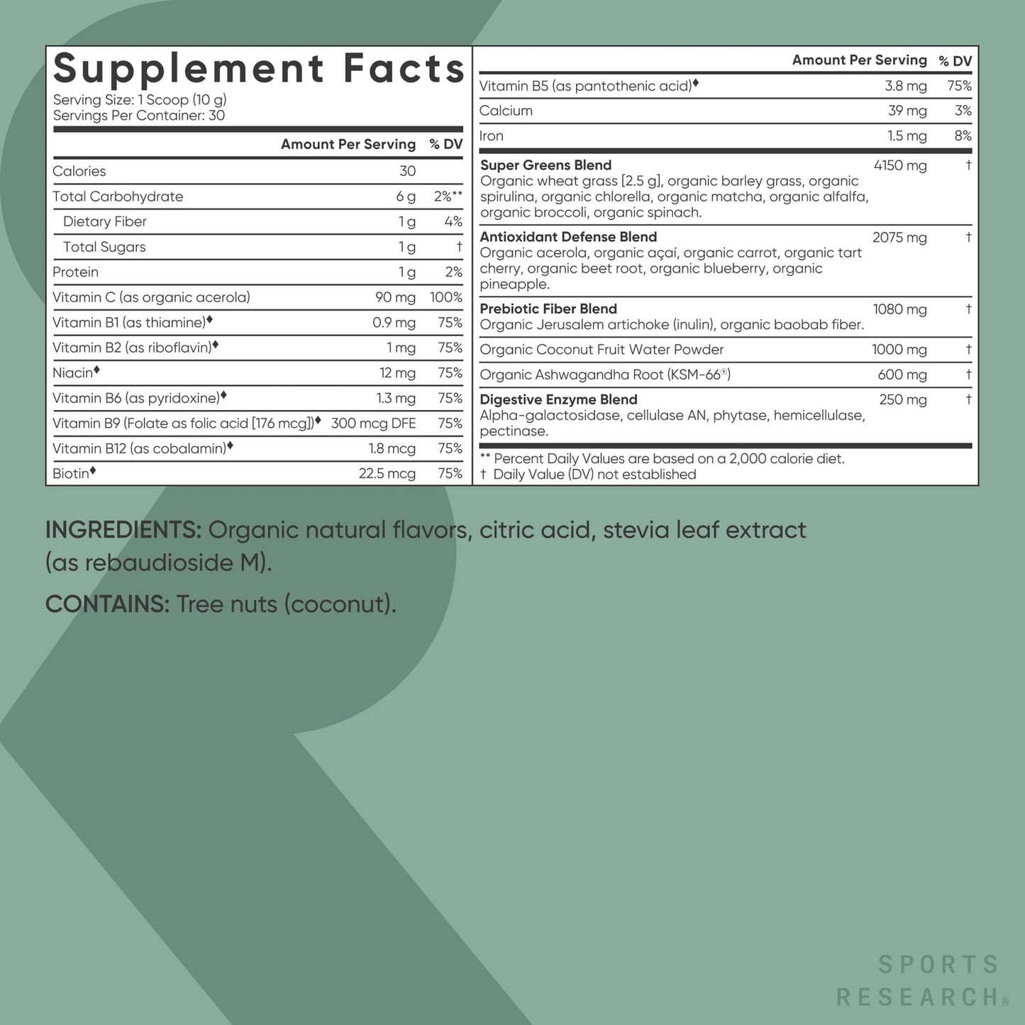 Sports Research Organic Greens Powder with Spirulina & Chlorella – 30 Servings, Vegan & Sugar-Free