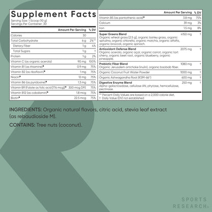 Sports Research Organic Greens Powder with Spirulina & Chlorella – 30 Servings, Vegan & Sugar-Free