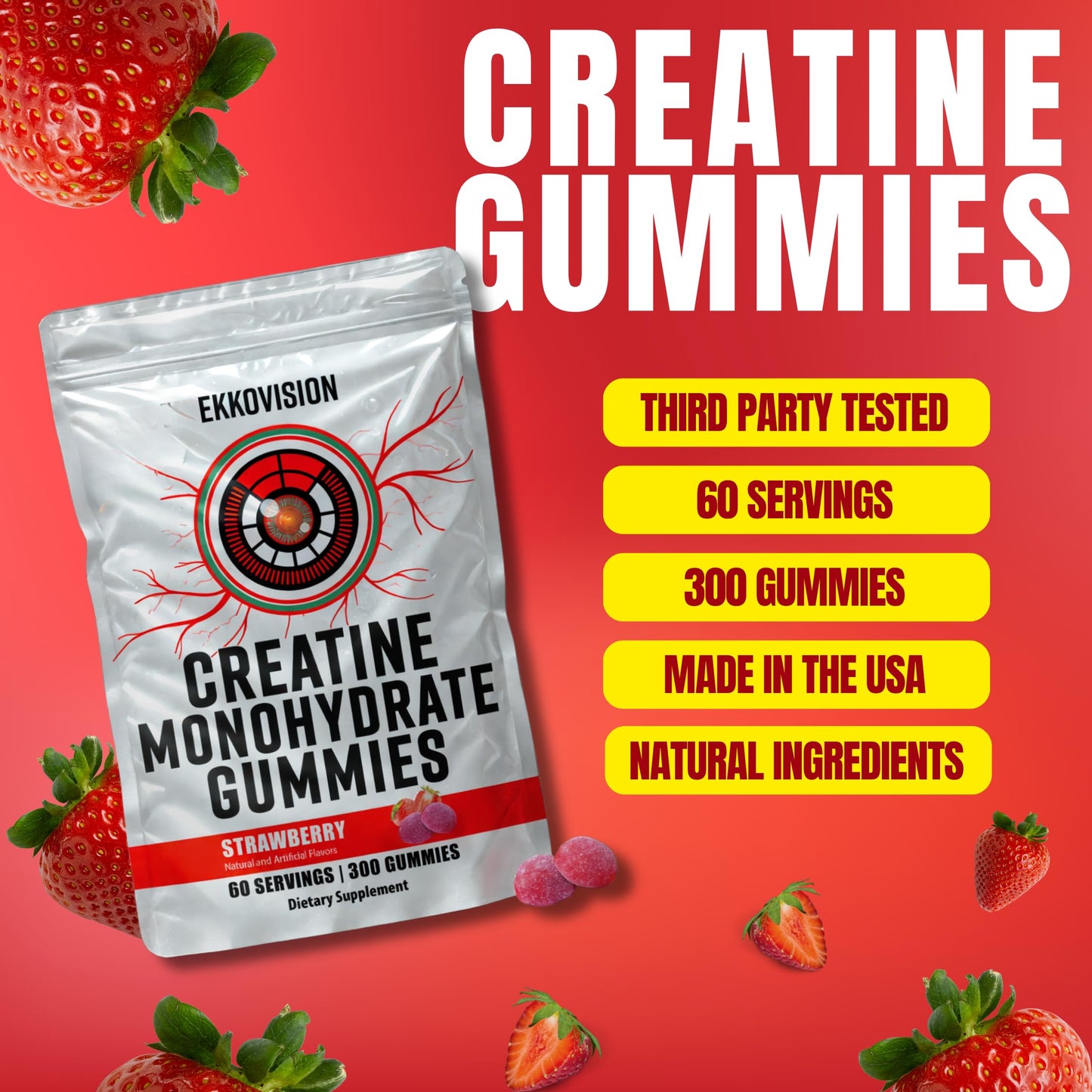 Ekkovision Creatine Monohydrate Gummies – Orange Citrus, Sugar Free, 60 Servings | Vegan & Travel Friendly