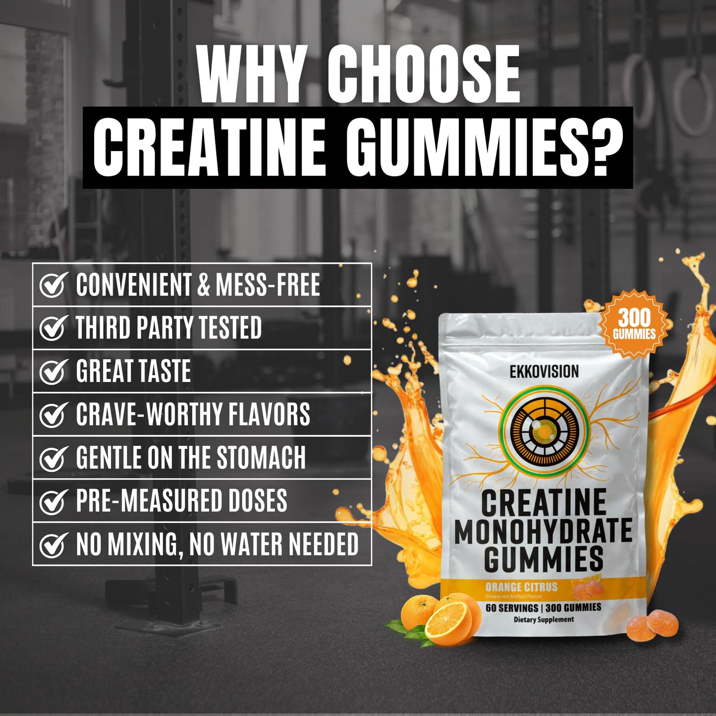 Ekkovision Creatine Monohydrate Gummies – Orange Citrus, Sugar Free, 300 Count