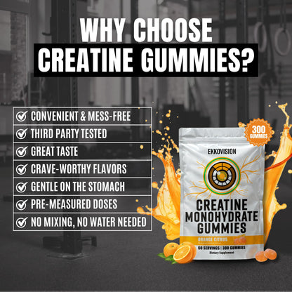 Ekkovision Creatine Monohydrate Gummies – Orange Citrus, Sugar Free, 300 Count