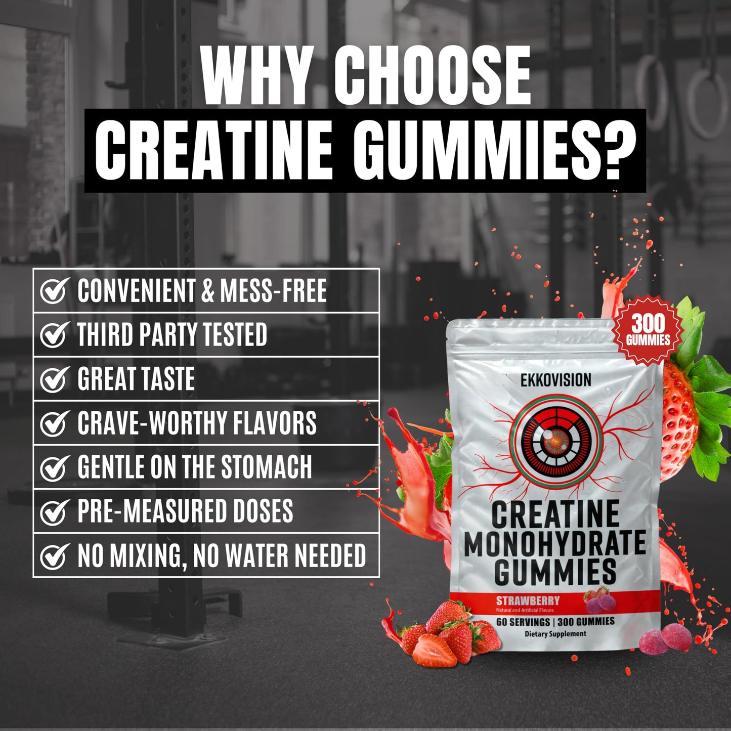 Ekkovision Creatine Monohydrate Gummies – Orange Citrus, Sugar Free, 60 Servings | Vegan & Travel Friendly