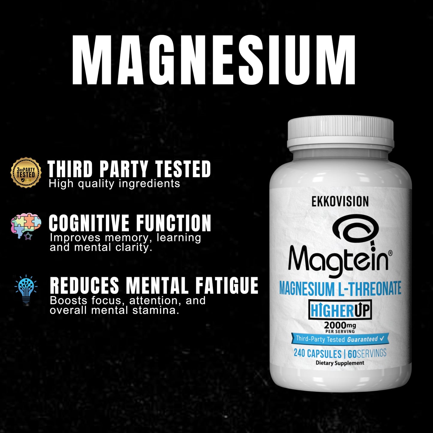 Ekkovision Magtein Magnesium L-Threonate – 2000 mg per Serving, 60 Servings, Memory & Cognitive Support