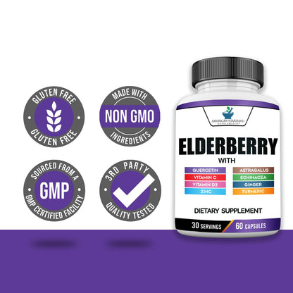 American Standard 8-in-1 Elderberry Supplement – 60 Capsules, 30 Servings