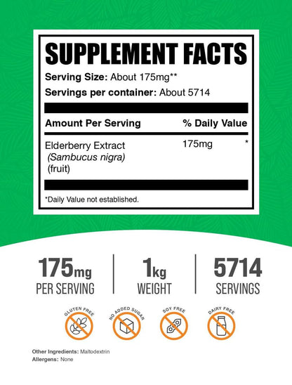 BulkSupplements Elderberry Extract Powder – Black Elderberry, 1kg, Gluten Free | 175 mg per Serving