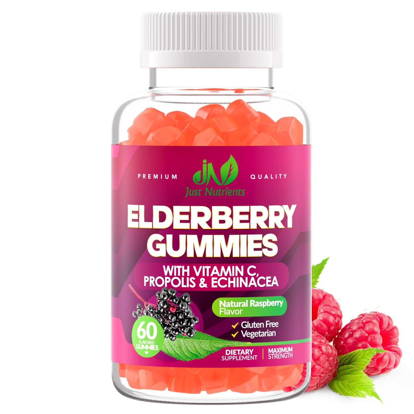 Elderberry Gummies with Vitamin C, Echinacea & Propolis (60 ct) – Immune Support – Raspberry Flavor – Gluten Free, Vegan
