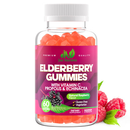 Elderberry Gummies with Vitamin C, Echinacea & Propolis (60 ct) – Immune Support – Raspberry Flavor – Gluten Free, Vegan