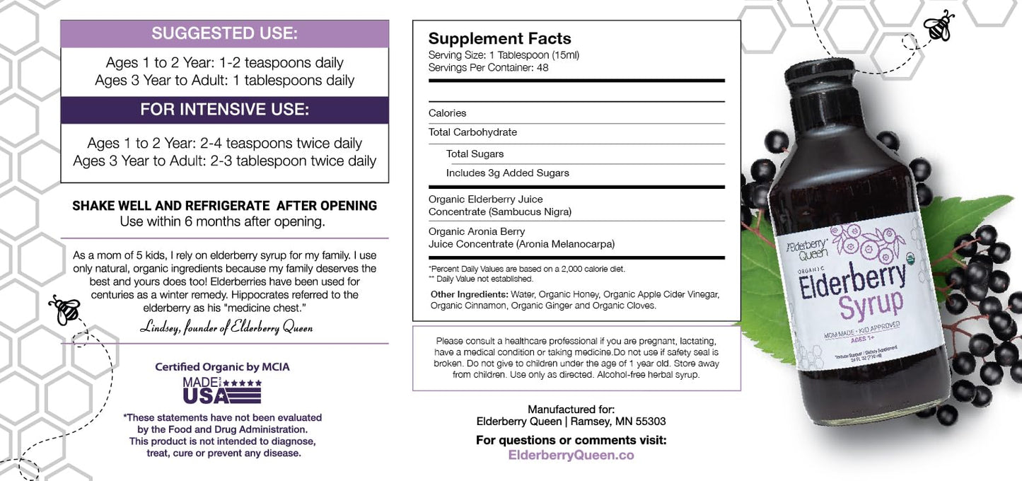 Elderberry Queen Organic Elderberry Syrup 24 Fl Oz – Sambucus Elderberry & Aronia Berry for Kids & Adults