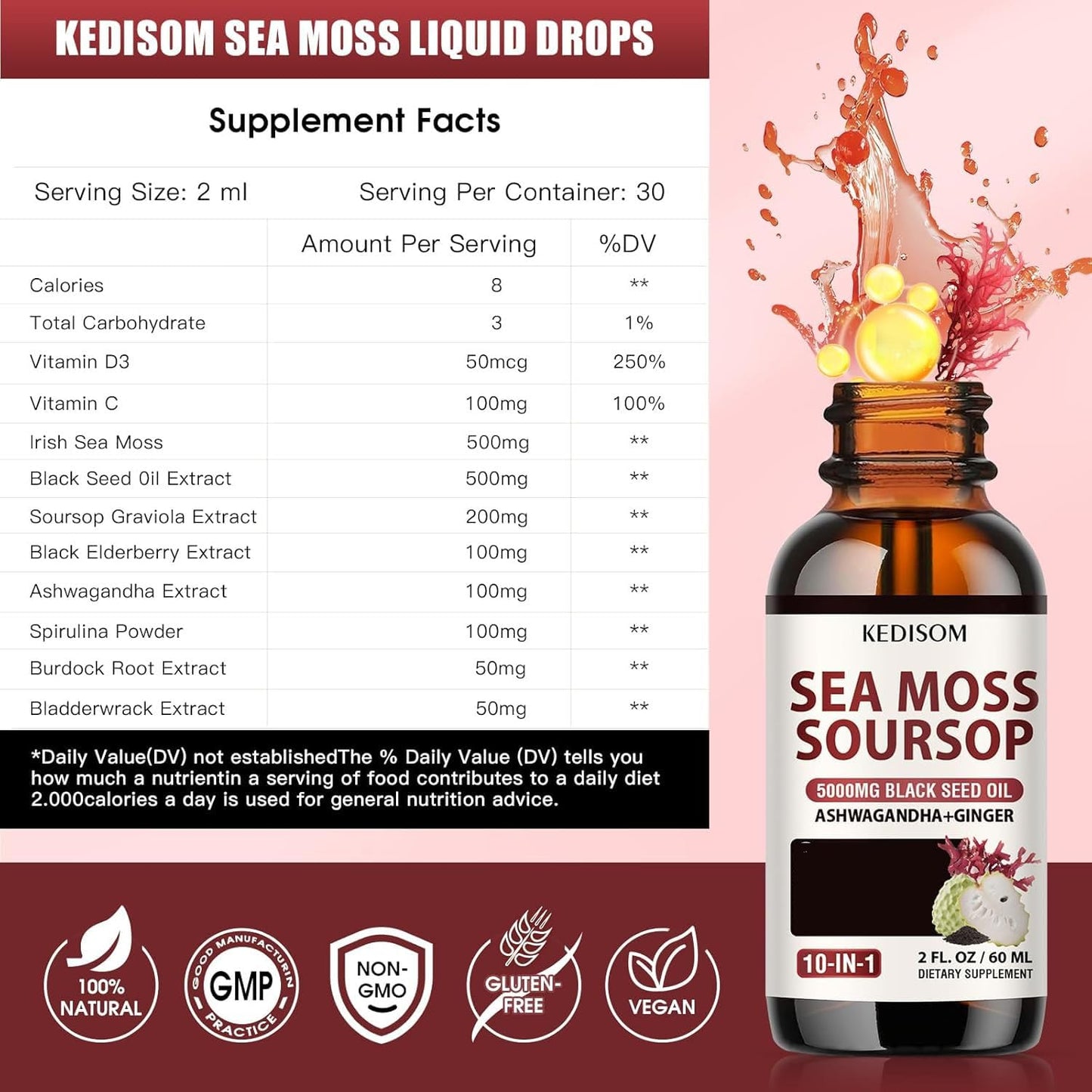 Sea Moss Liquid Drops 2 Oz – Organic Black Seed Oil + Irish Sea Moss Gel (Vegan) – 6X Stronger