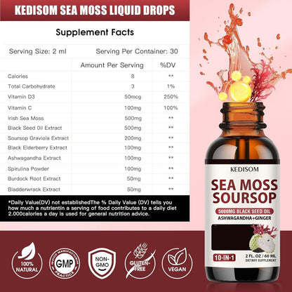 Sea Moss Liquid Drops 2 Oz – Organic Black Seed Oil + Irish Sea Moss Gel (Vegan) – 6X Stronger