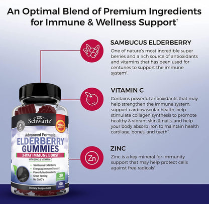BioSchwartz Elderberry Gummies with Zinc & Vitamin C – Immune Support for Adults & Kids | 60 Count