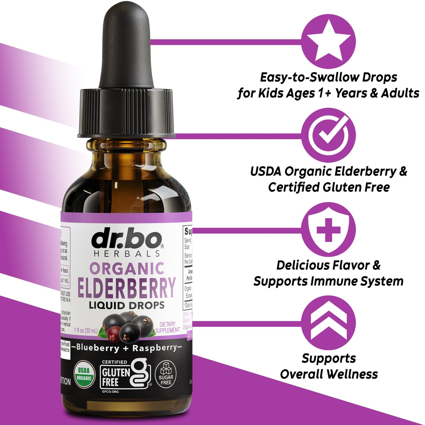 Elderberry Syrup Organic Liquid Drops – Sugar Free Immune Support for Adults & Kids (1 Fl Oz)