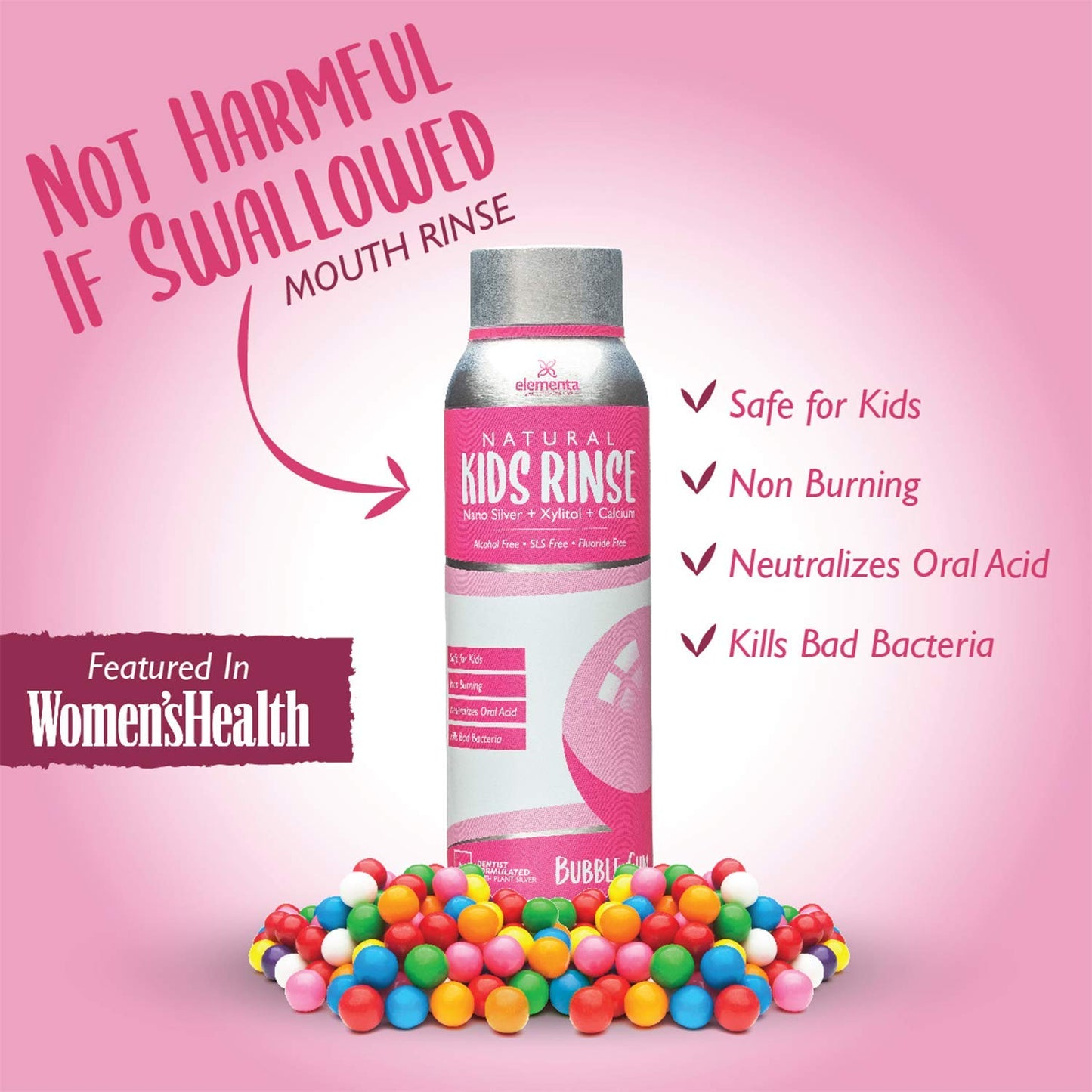 Elementa Essentials Kids Mouthwash Bubble Gum | Nano Silver, Fluoride & Alcohol Free 20 oz