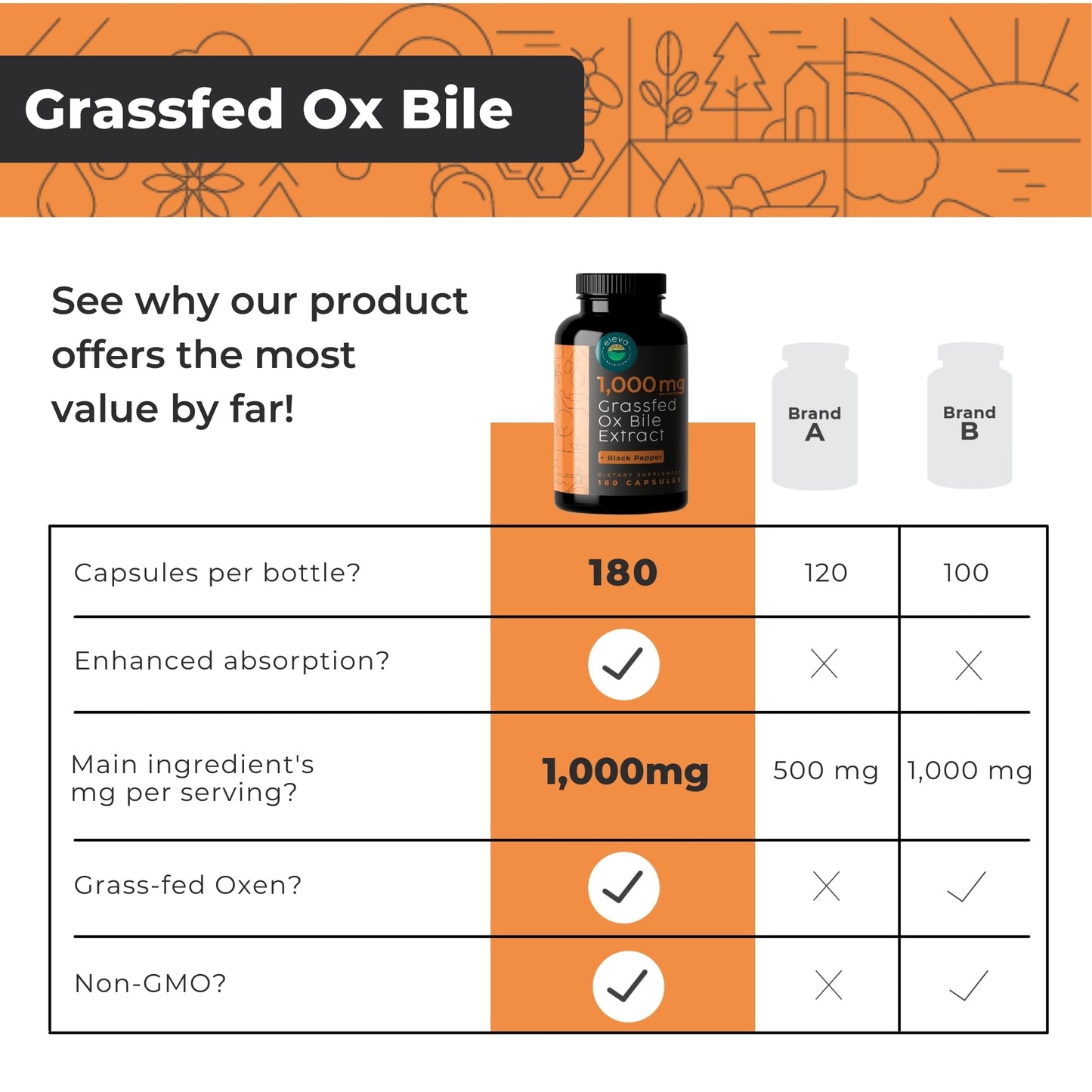 Eleva Nutrition Grass-Fed Ox Bile Extract 1000mg – 180 Capsules