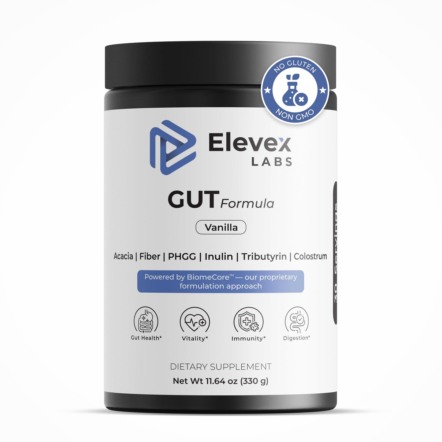 Elevex Gut Health Powder – 3g Colostrum (30% IgG) + Tributyrin (≥60% Butyrate Purity) + PHGG Prebiotics – Gut Lining, Gut–Brain & Bloating Support – BiomeCore™ – 30 Servings (Vanilla)