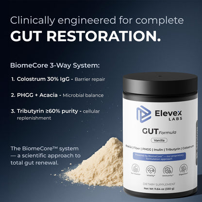 Elevex Gut Health Powder – 3g Colostrum (30% IgG) + Tributyrin (≥60% Butyrate Purity) + PHGG Prebiotics – Gut Lining, Gut–Brain & Bloating Support – BiomeCore™ – 30 Servings (Vanilla)