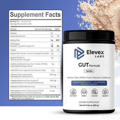 Elevex Gut Health Powder – 3g Colostrum (30% IgG) + Tributyrin (≥60% Butyrate Purity) + PHGG Prebiotics – Gut Lining, Gut–Brain & Bloating Support – BiomeCore™ – 30 Servings (Vanilla)