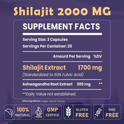 Elikadur 2000 MG Shilajit Supplement – 60 Capsules, 60% Fulvic Acid, 85+ Minerals