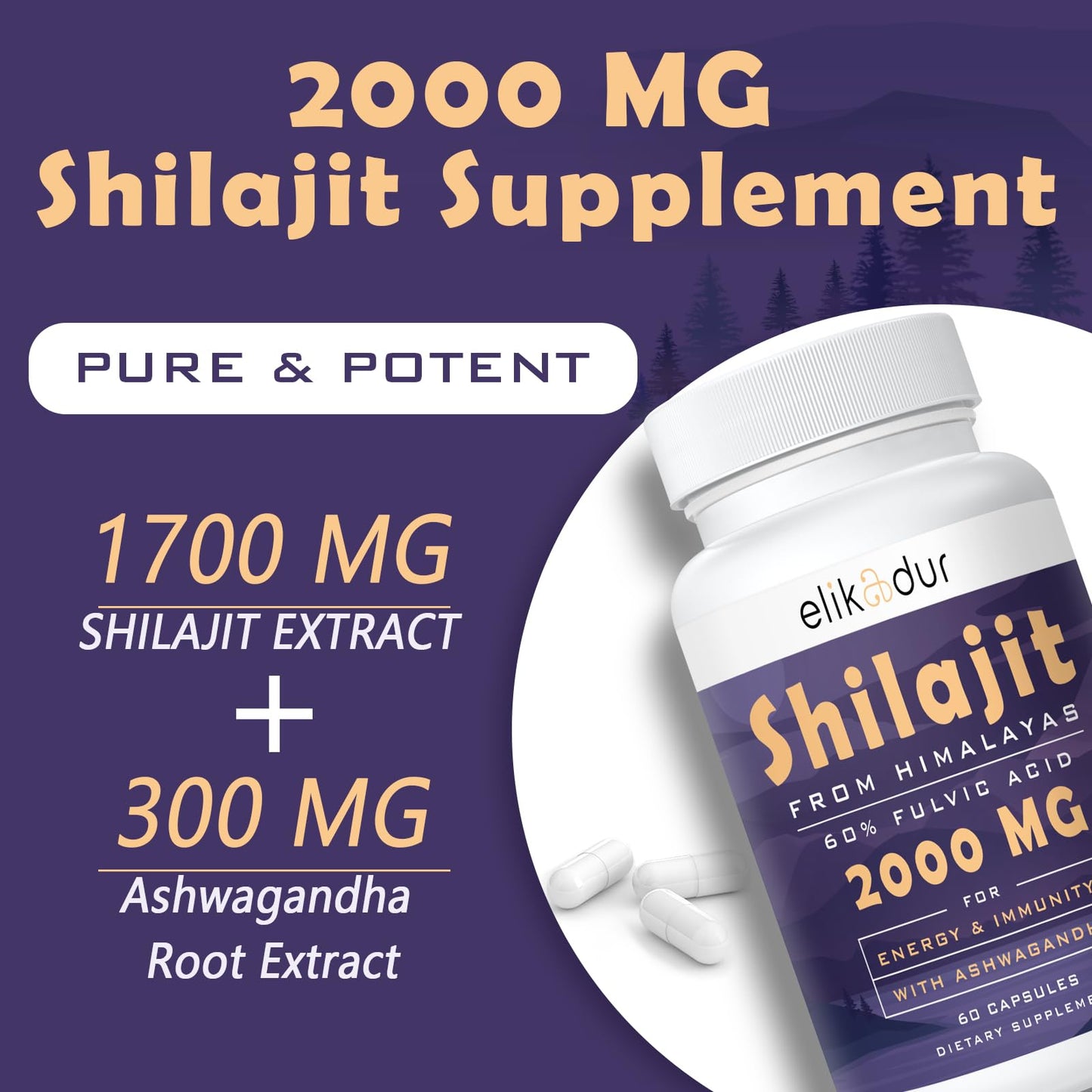 Elikadur 2000 MG Shilajit Supplement – 60 Capsules, 60% Fulvic Acid, 85+ Minerals