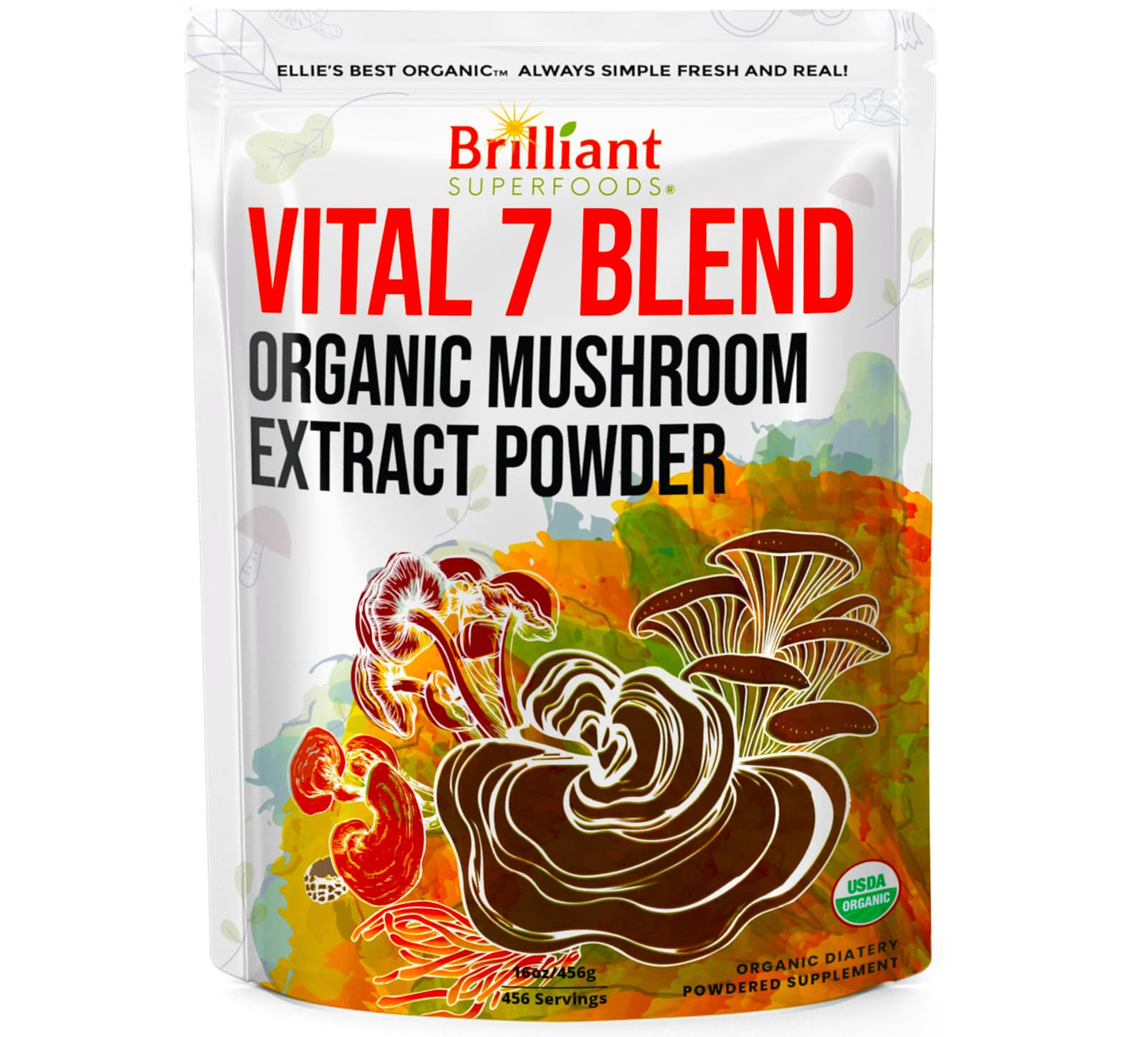 Ellie's Best 7 Mushroom Powder Extract Blend – Organic Reishi, Lion's Mane, Chaga, Turkey Tail, Cordyceps, Maitake & Shiitake – Double Extracted – 16oz / 456 Servings