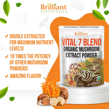 Ellie's Best 7 Mushroom Powder Extract Blend – Organic Reishi, Lion's Mane, Chaga, Turkey Tail, Cordyceps, Maitake & Shiitake – Double Extracted – 16oz / 456 Servings