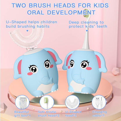 ELOTAME Kids Electric U Shaped Toothbrush - 4 Heads, 6 Modes, IPX7 Waterproof, Age 8-15 Blue