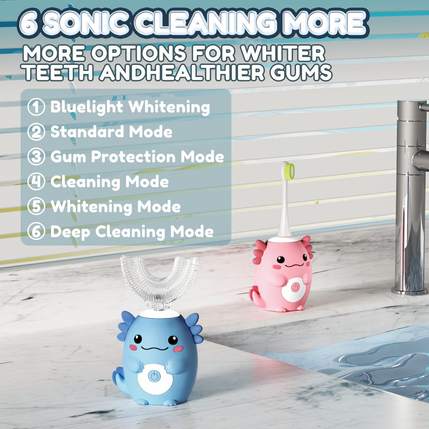 ELOTAME Kids Electric U-Shaped Toothbrush | Axolotl Pink, 6 Heads, 6 Modes, Ages 2-15