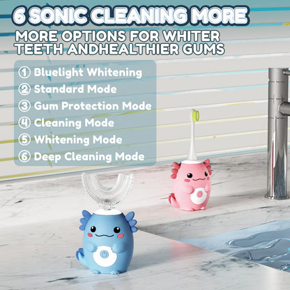 ELOTAME Kids Electric U-Shaped Toothbrush | Axolotl Pink, 6 Heads, 6 Modes, Ages 2-15