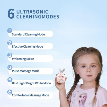 ELOTAME Kids Electric U-Shaped Toothbrush – 6 Modes, 4 Brush Heads, Pink (Ages 8-15)