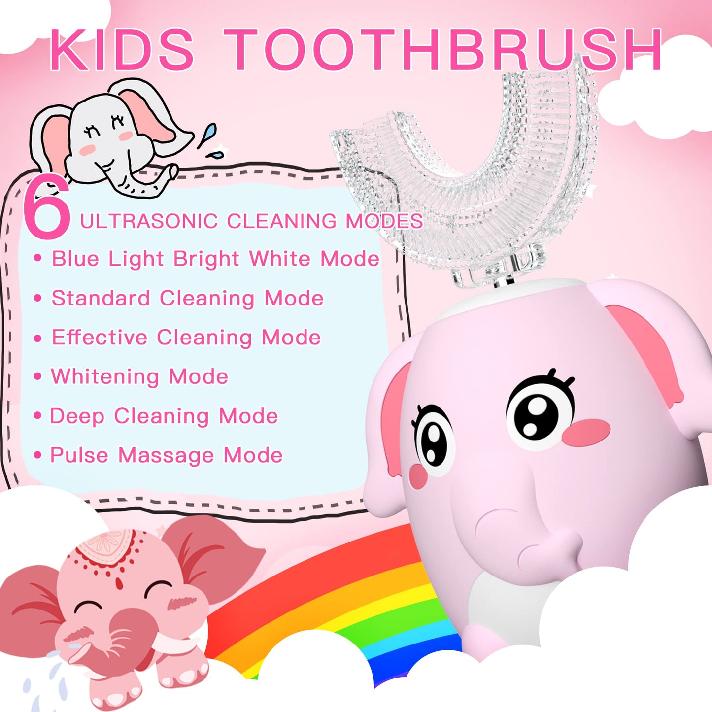 ELOTAME Kids Electric U-Shaped Toothbrush – 4 Heads, 6 Modes, IPX7, 360° Clean (Ages 8-15) Pink