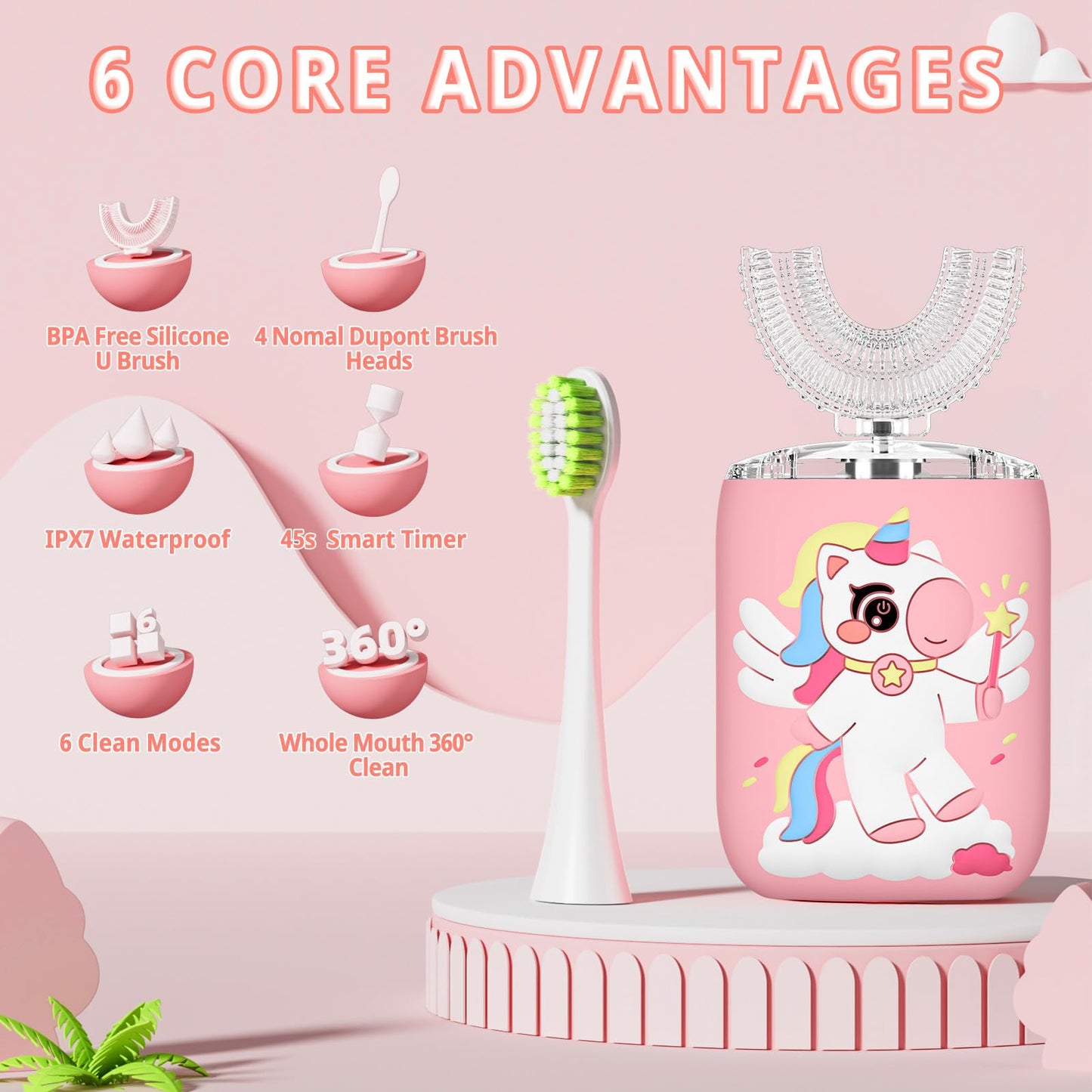 ELOTAME Kids Electric U-Shaped Toothbrush Unicorn Pink - 6 Modes, 4 Soft Heads, IPX7 Waterproof, Rechargeable (2-15 Years)