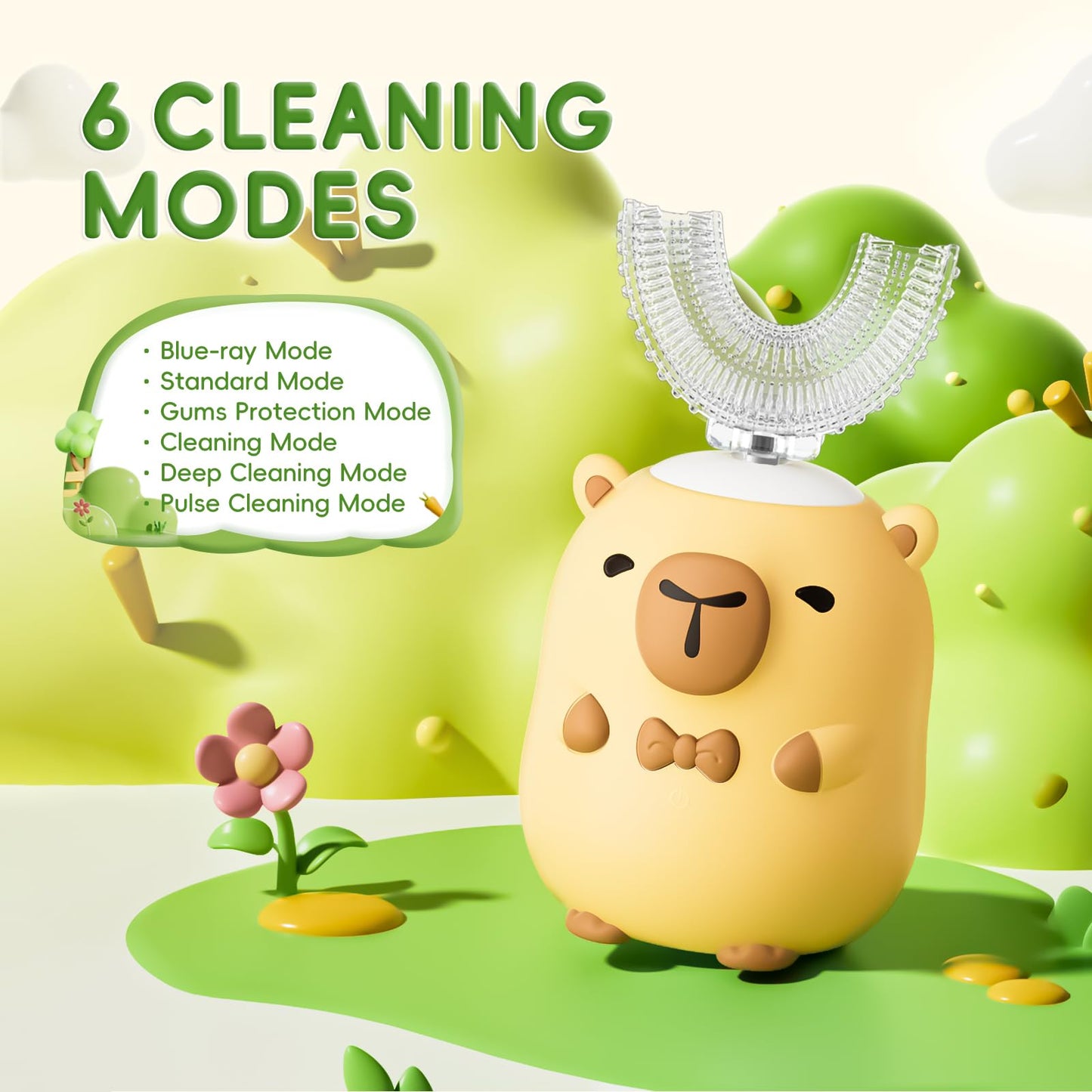 ELOTAME Kids U-Shaped Electric Toothbrush – Capybara, 6 Heads, 360° Cleaning