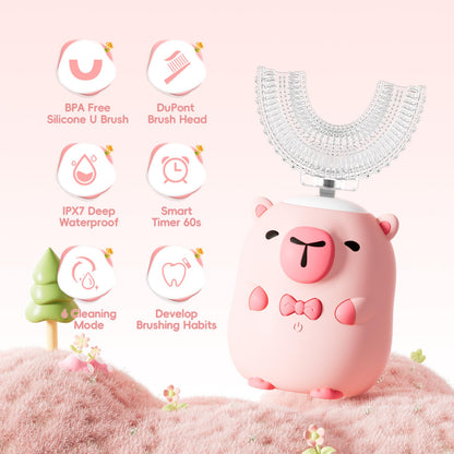ELOTAME Kids Electric Toothbrush U Shaped - Cartoon Capybara Pink, 6 Brush Heads, 2-14 Years, IPX7 Waterproof