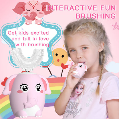ELOTAME Kids Electric U-Shaped Toothbrush – 4 Heads, 6 Modes, IPX7, 360° Clean (Ages 8-15) Pink