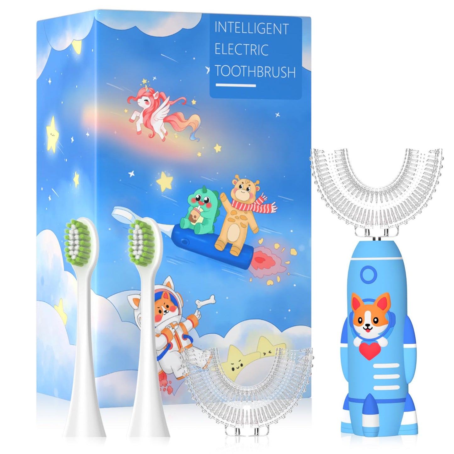 ELOTAME Kids U-Shaped Electric Toothbrush - Rechargeable Rocket Toothbrush for Boys 7-14 | 2-Min Timer, 6 Modes, 4 Brush Heads