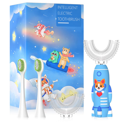 ELOTAME Kids U-Shaped Electric Toothbrush - Rechargeable Rocket Toothbrush for Boys 7-14 | 2-Min Timer, 6 Modes, 4 Brush Heads