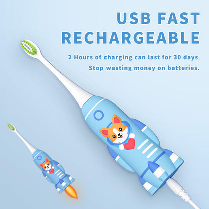 ELOTAME Kids U-Shaped Electric Toothbrush - Rechargeable Rocket Toothbrush for Boys 7-14 | 2-Min Timer, 6 Modes, 4 Brush Heads