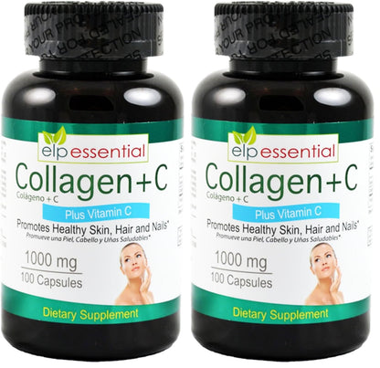 ELP ESSENTIAL Collagen + Vitamin C - 1000mg Collagen, 100 Capsules, Pack of 2