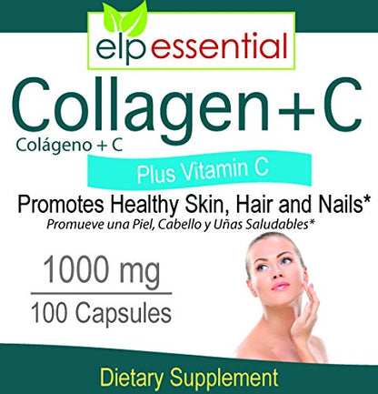 ELP ESSENTIAL Collagen + Vitamin C - 1000mg Collagen, 100 Capsules, Pack of 2