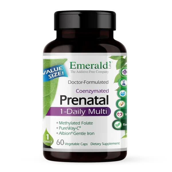 EMERALD LABS Prenatal 1-Daily Multi – Gentle Iron, Methylated Folate, Whole-Food Blend | Soy-Free, Gluten-Free | 60 Veg Capsules